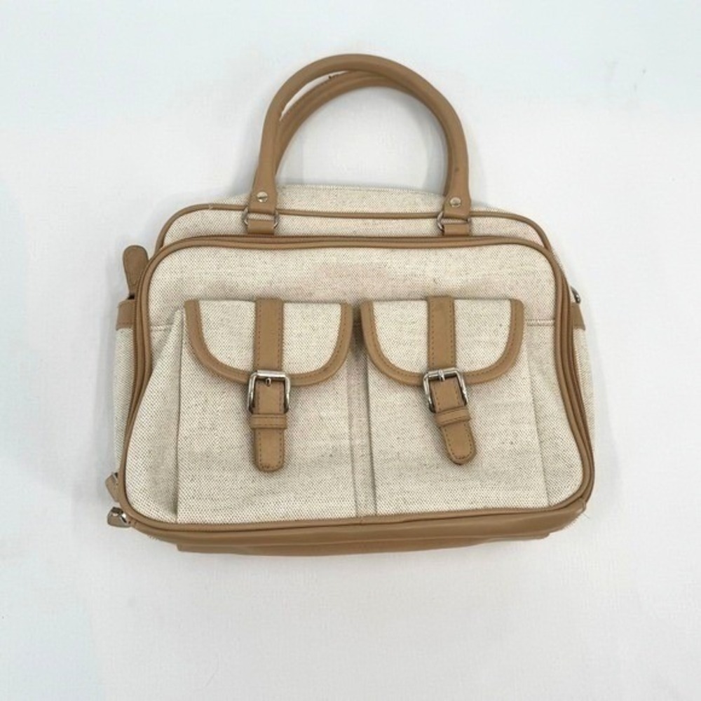 Vintage Faux Canvas Organizer Satchel Bag‎ Tan Cream Multi Pocket Briefcase